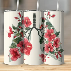 Floral Lung Anatomy Tumbler Wrap, Hibiscus Flower Medical Decal, Nurse Gift, Respiratory Therapist Cup Vinyl, Unique Health Care Mug Design