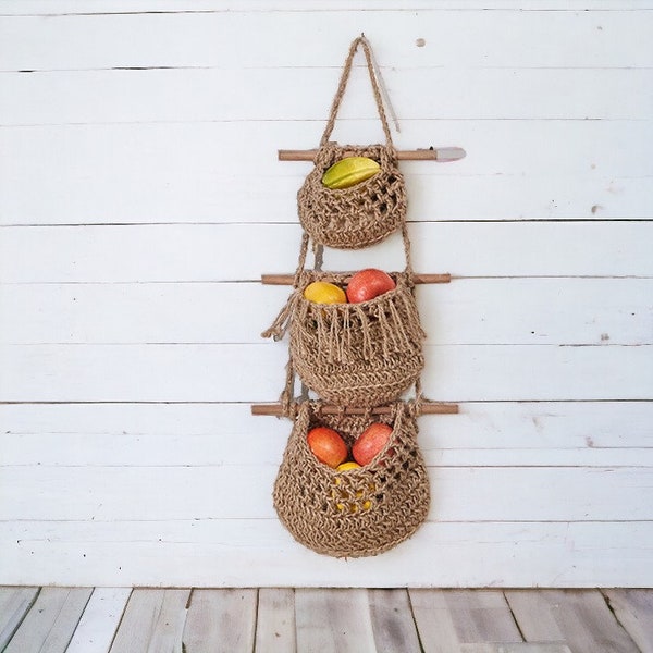 3 Tier Wall Mounted Hanging Fruit Basket, Macramé Vegetable Hammock, Wall Basket, Kitchen Storage