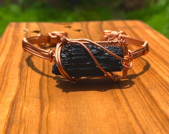 Raw Black Tourmaline Copper Wire Wrapped Bracelet – Handmade Arm Cuff, Healing, Chakra Protection