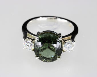 Oval Green Tourmaline Three Stone Ring, Sterling Silver Moissanite Accents