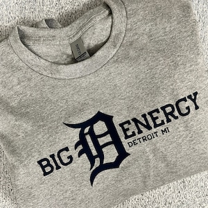 May include: A gray t-shirt with a black graphic of a stylized "D" with the text "BIG D ENERGY DETROIT MI" printed on it.