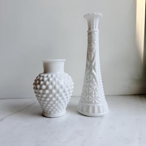 Vintage milk glass vases lot. Anchor Hocking Vases Stars and Bars 9” vase and Fenton Hobnail | Wedding Table Decor Flower Vases