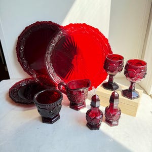 Avon Cape Cod 1876 Red Glass Dinnerware Set | Individually priced Red Avon Glass Set | Wine Glasses | Plates | Salt Pepper | Creamer Sugar