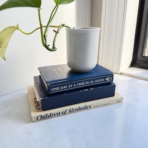 Puede incluir: Una pila de tres libros con cubiertas azules. El libro de arriba tiene el título "One Day at a Time in Al-Anon". El libro del medio tiene el título "One Day at a Time in Al-Anon". El libro de abajo tiene el título "Children of Alcoholics" de Robert J. Ackerman. Una taza de cerámica blanca se encuentra encima de los libros.