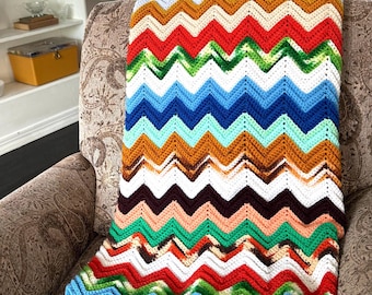 Vintage Handmade Chevron Ripple Afghan Blanket – Bright Multicolor Crochet Throw – Cozy Boho Home Decor