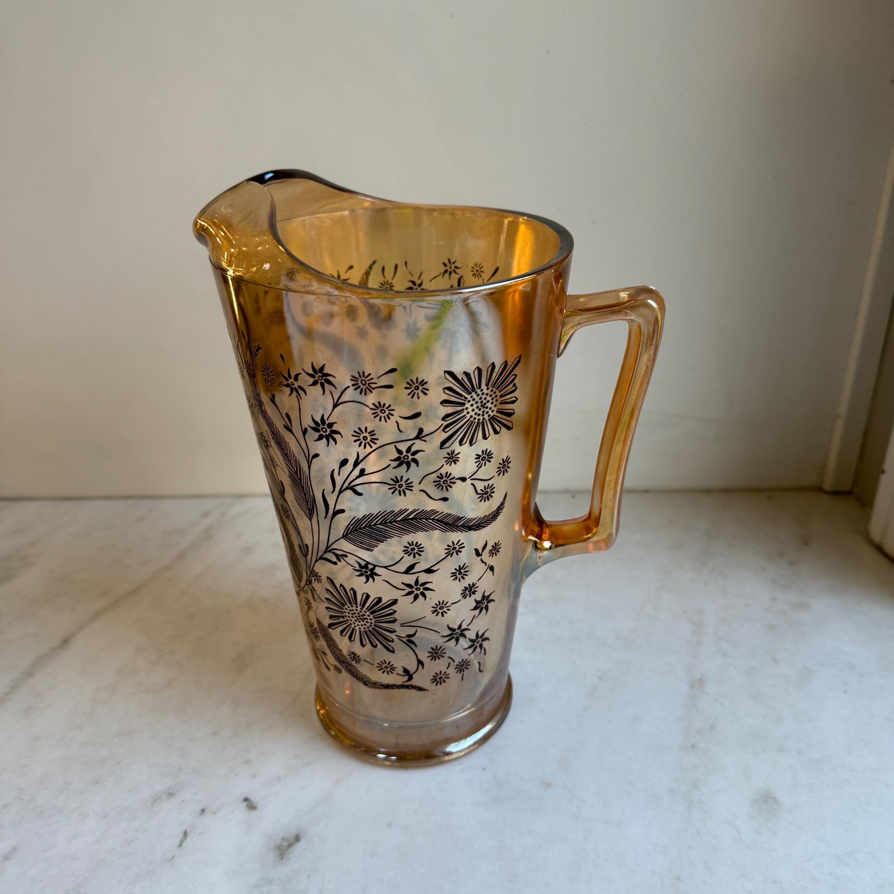 Vintage Jeannette Glass Marigold Pitcher Floral Pattern Carnival