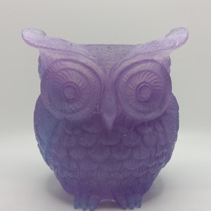 May include: A purple glass owl figurine with a textured surface. The owl has large, round eyes and detailed feathers.