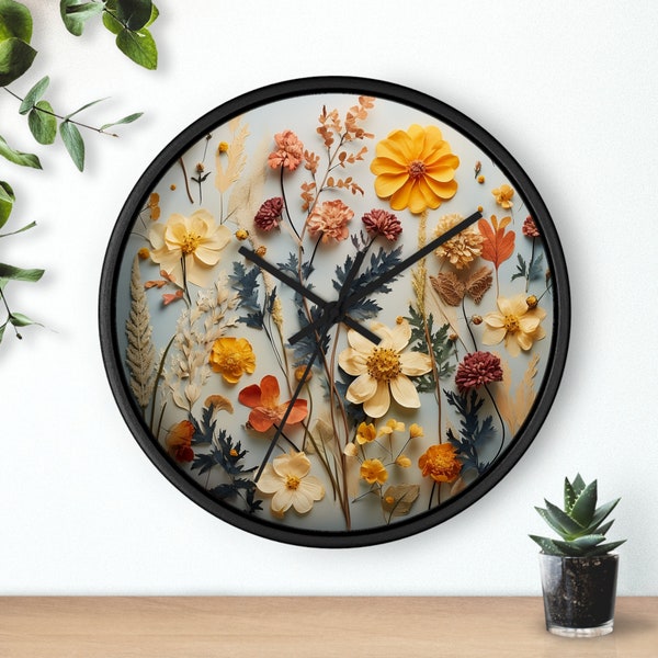 Art floral pressé : horloge en bois, art floral, horloge murale en plexiglas, 25 cm (10 po.)