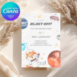 Weltraum Geburtstagseinladung 5x7 Canva Vorlage - Astronaut Fox Kinder Party einladen - Bearbeitbarer digitaler Download - Weltraum Geburtstagskarte