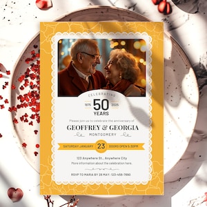 Editable Wedding Anniversary Invitation Template | Golden Anniversary 50th Canva Invite | Photo with Border | Instant Download | Elegant
