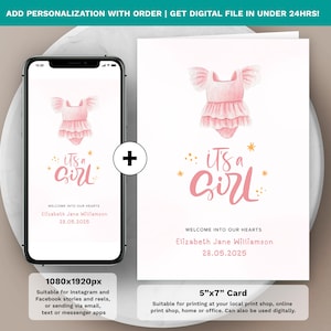 Tarjeta de bienvenida personalizada "Es una niña" / Anuncio de bebé imprimible Entrega en 24 horas Embarazo Nacimiento Niño / Tarjeta de nacimiento personalizada