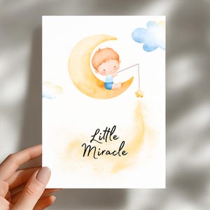 Tarjeta de nacimiento de bebé niño "Pequeño Milagro", plantilla plegada de 13 x 18 cm - Descarga instantánea - Tarjeta de felicitación para recién nacidos, tamaños A4 y carta (EE. UU.) - Tarjeta para baby shower