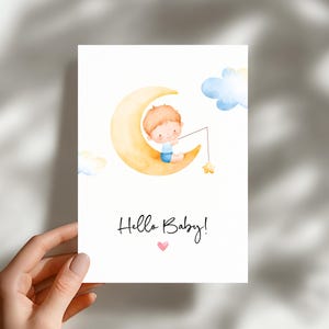 Carte de naissance imprimable Hello Baby Boy - Carte de voeux pour nouveau-né 5 x 7 pliée Lune Baby Shower - Téléchargement numérique - A4 et lettre US DIY