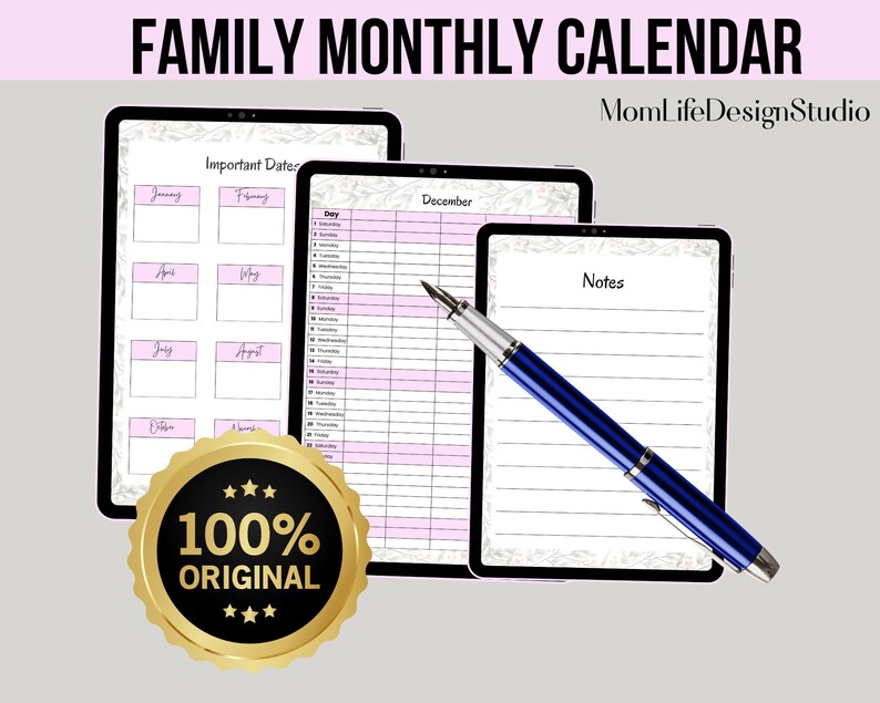 Family Monthly Calendar, Printable Family Calendar, Planner, Family