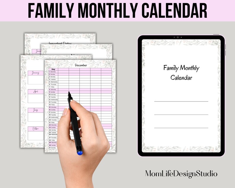 Family Monthly Calendar, Printable Family Calendar, Planner, Family ...