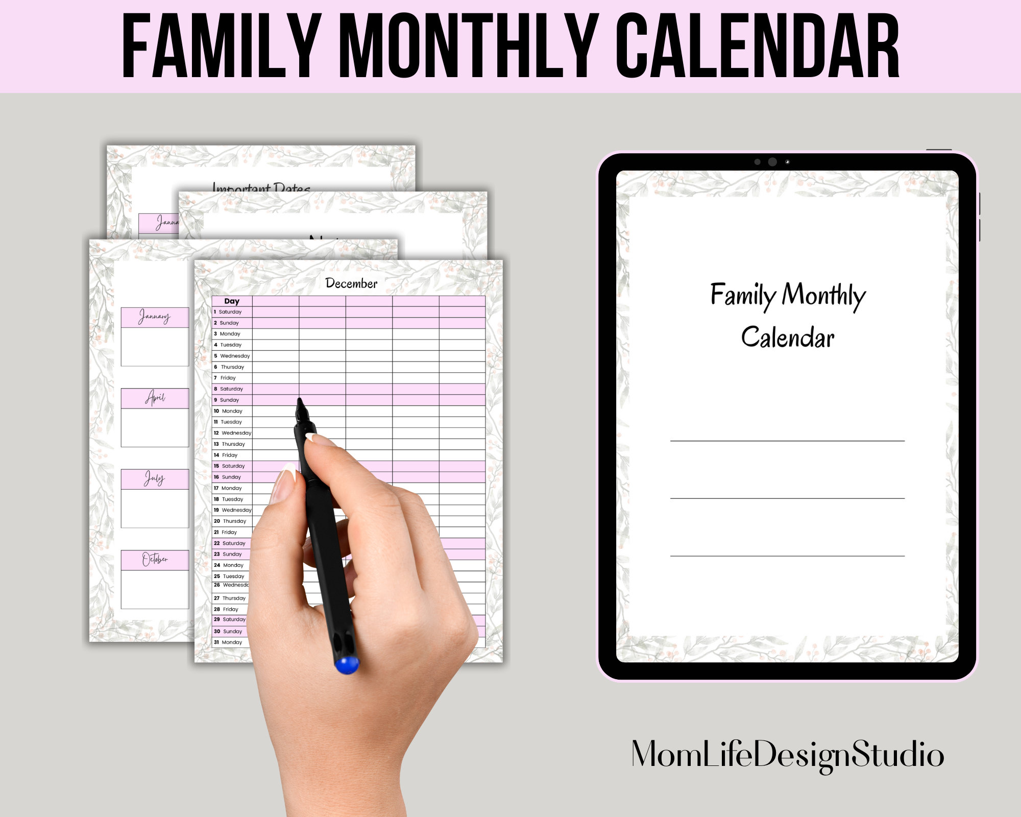 Family Monthly Calendar, Printable Family Calendar, Planner, Family ...
