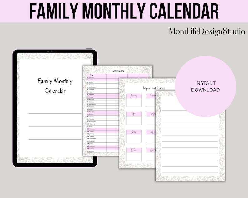 Family Monthly Calendar, Printable Family Calendar, Planner, Family ...