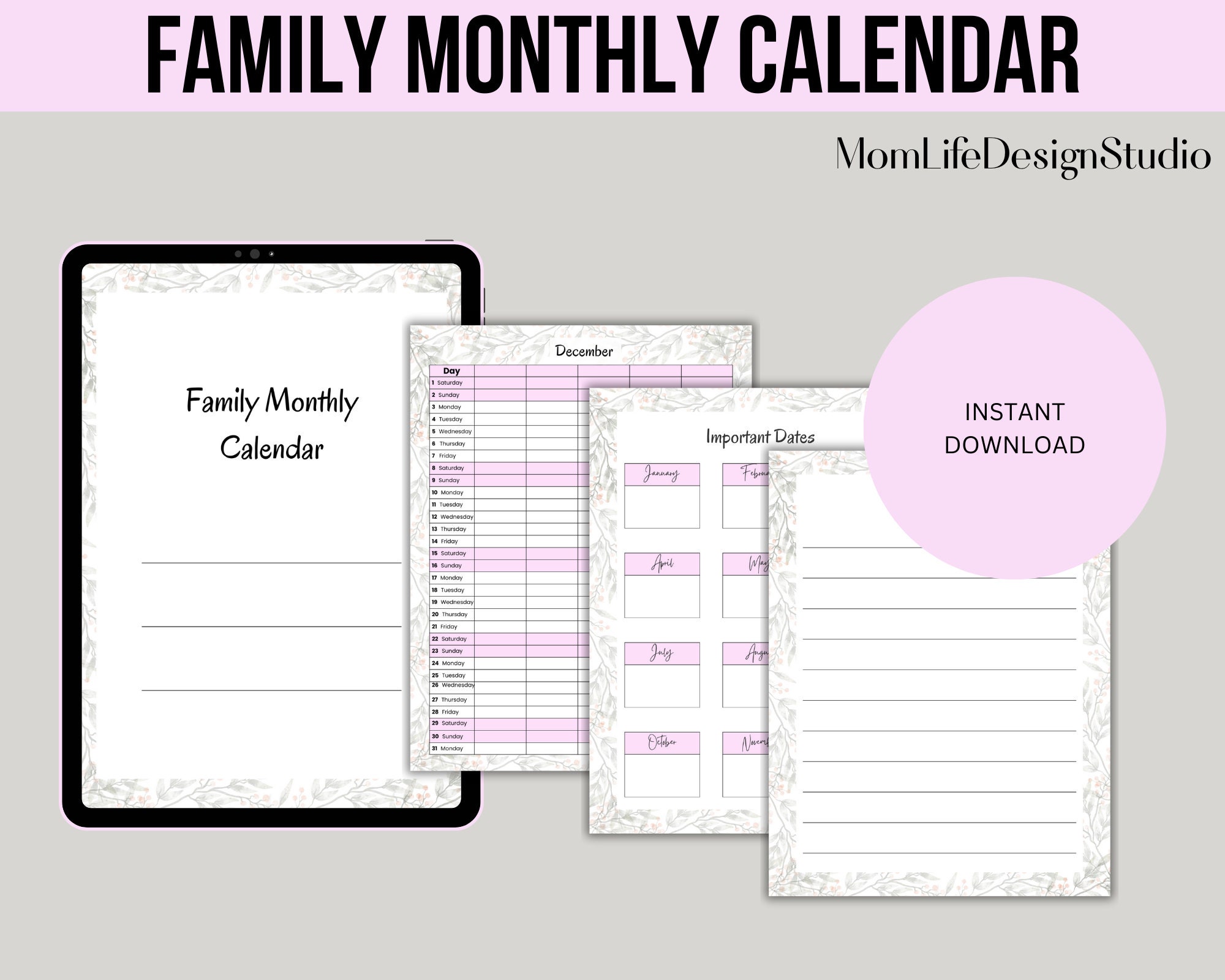 Family Monthly Calendar, Printable Family Calendar, Planner, Family ...
