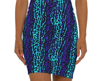 May include: A blue and purple mini skirt with a spotted and striped pattern.