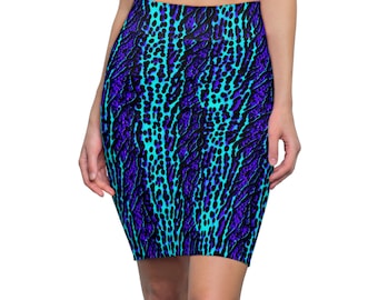 May include: A blue and purple leopard print skirt with a high waist and a fitted silhouette.