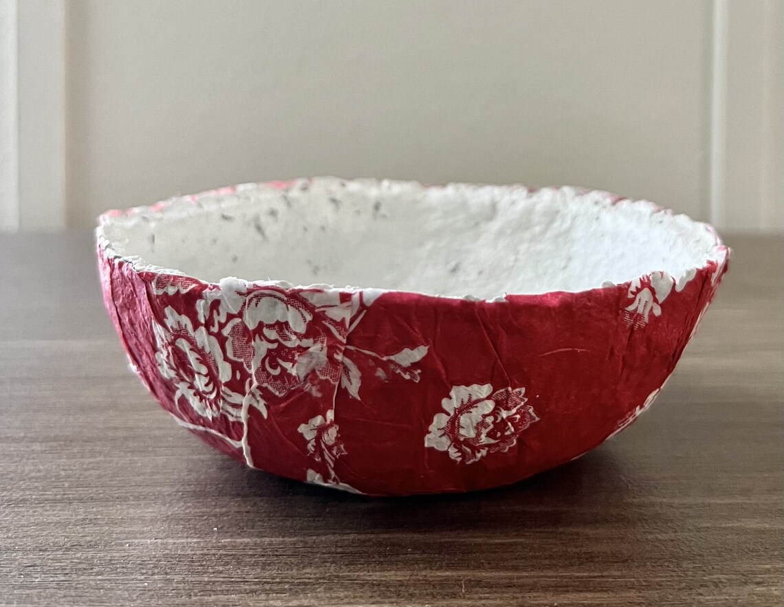 Paper Mache Bowl, Paper Pulp Decoupage Bowl, Flower Print Bowl, Vintage ...