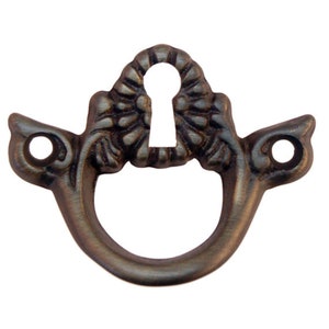 May include: Antique bronze-finished keyhole pull with a decorative floral design. The pull features a keyhole in the center and a circular handle below. Two holes are on either side for mounting. Ideal for furniture restoration.