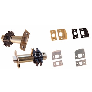 May include: Two door latch sets with different finishes. The first set is a brushed nickel finish with a black latch. The second set is a brass finish with a black latch. Both sets have a square strike plate.