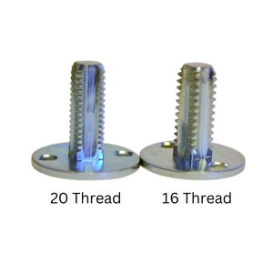 May include: Two metal threaded inserts with a flat base. The insert on the left has a 20 thread and the insert on the right has a 16 thread.