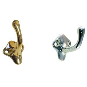 May include: Two decorative hooks, one in polished brass and one in polished chrome, with a square base and a curved hook.