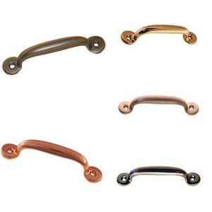 May include: A collection of cabinet pull handles in various metallic finishes. The handles are arched with circular mounting plates on each end. Finishes include bronze, gold, copper, and silver.