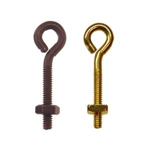 May include: Two eye hooks with a threaded shaft and a nut. The hook on the left is brown and the hook on the right is gold.