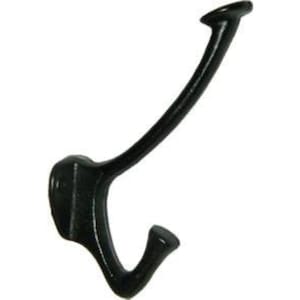 May include: Black metal double hook. The hook has a curved design with a rounded top and a pointed bottom.