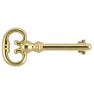 May include: A gold-colored skeleton key with a decorative, ornate head and a straight, cylindrical shaft.
