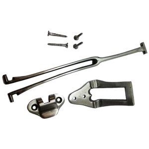 May include: A set of silver-toned metal hardware for a door or window. The set includes a long, curved latch, a small rectangular plate, a smaller rectangular plate with two holes, and four screws.