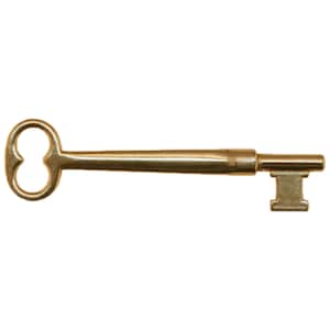 May include: A brass key with a double-looped head and a flat, rectangular bow.