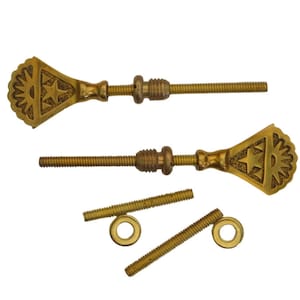 May include: Two gold-toned metal tuning pegs with star and sun designs. The pegs are for a musical instrument. Two gold-toned metal washers are also included.