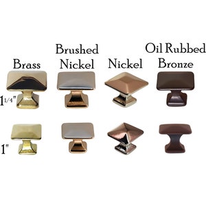 May include: Square cabinet knobs in six finishes: brass, brushed nickel, nickel, oil rubbed bronze. The knobs are 1 inch and 1 1/4 inch in size.