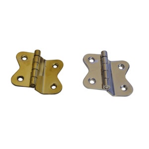 May include: Two butterfly hinges, one in polished brass and one in polished nickel.