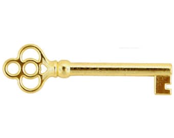 Puede incluir: Una llave esqueleto de color dorado con una cabeza decorativa y adornada y un vástago recto y plano.