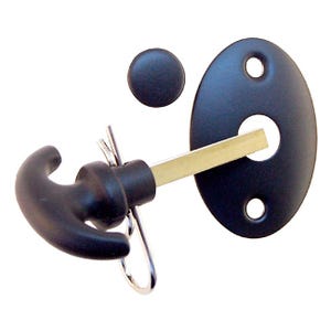 May include: Black door latch with a handle and a round cover plate. The latch has a metal pin that extends from the handle.