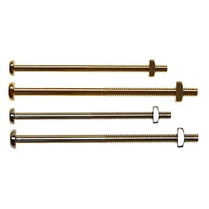 May include: Four different sizes of gold-colored screws with matching nuts. The screws have a round head and a threaded shaft. The nuts are hexagonal.