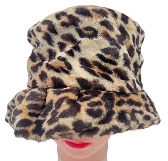Leopard Cheetah Print Bucket Hat Vtg Y2K Faux Fur Ribbon 