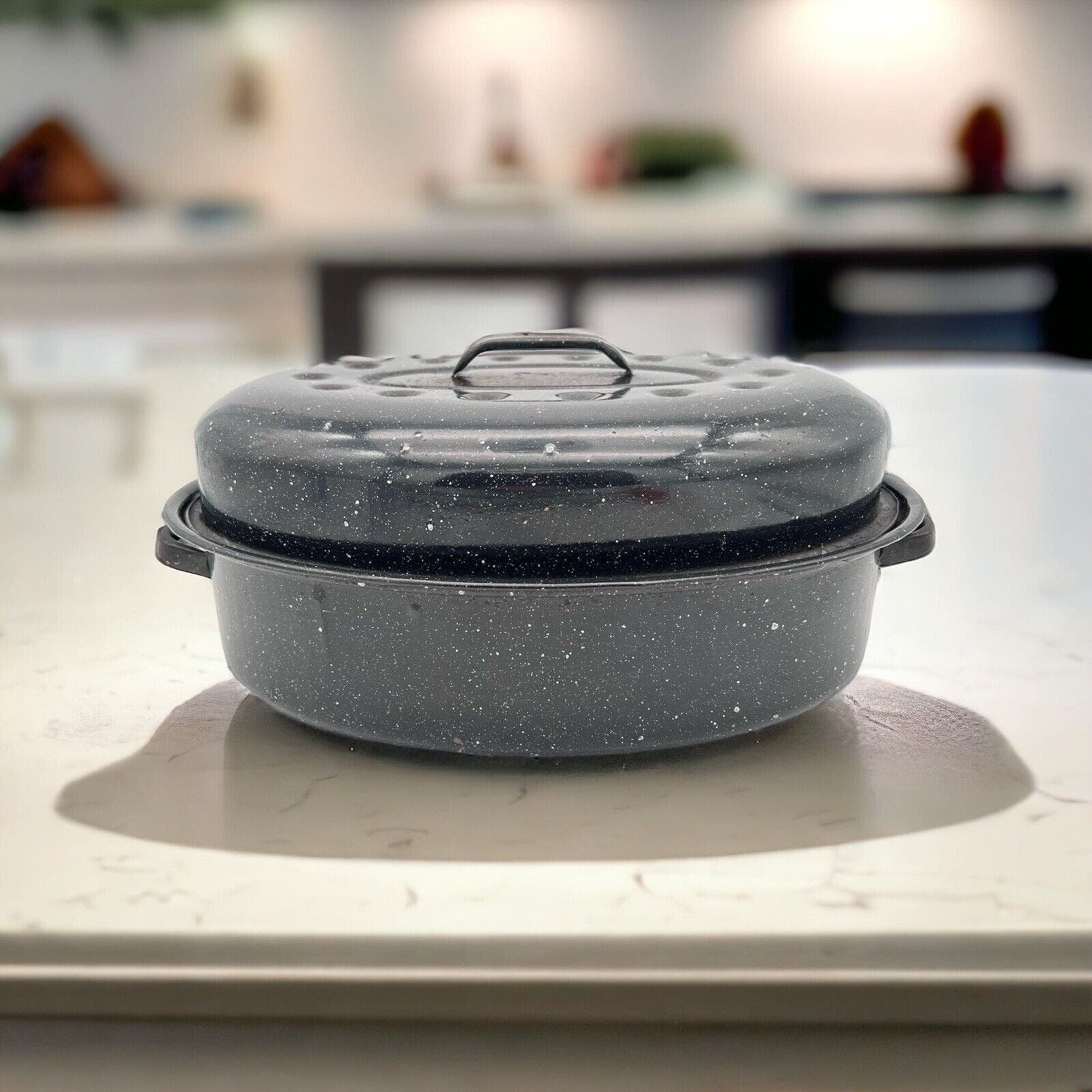 VTG Roasting Pans 3 Sizes Farmhouse Black Blue Speckled Enamelware