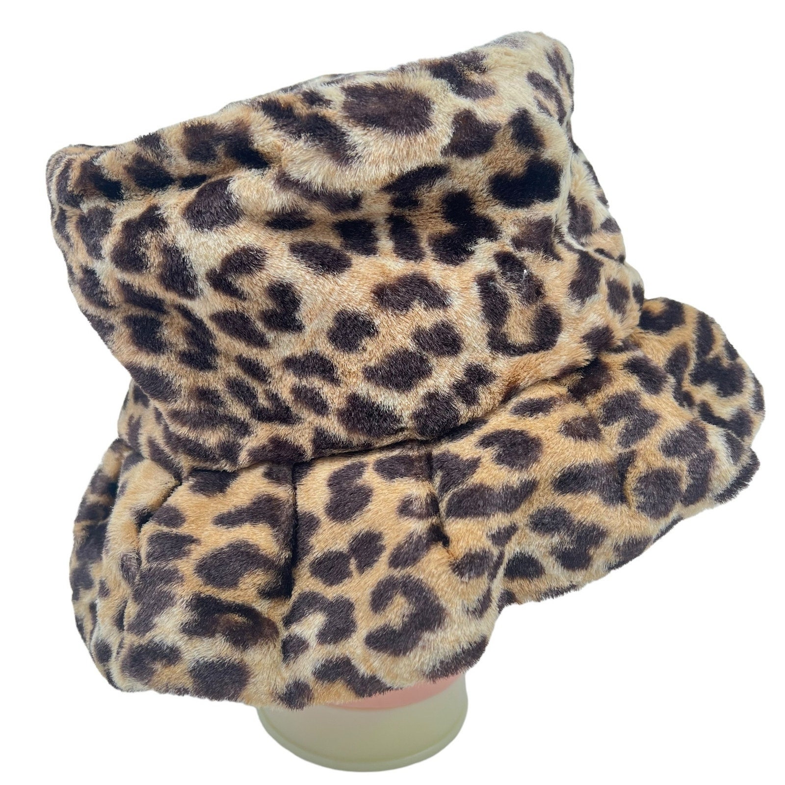 Leopard Cheetah Print Bucket Hat Vtg Y2K Faux Fur Ribbon 