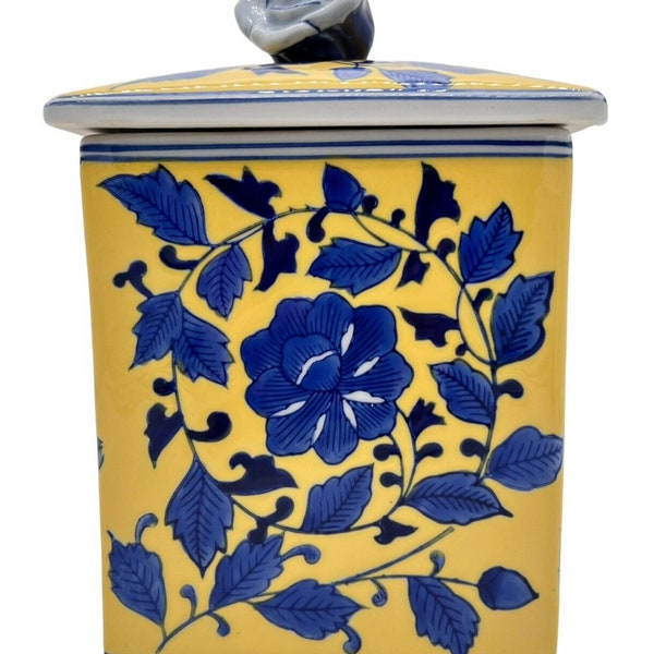 Boîte en porcelaine avec couvercle jaune bleu de style chinois 7,5" café/thé