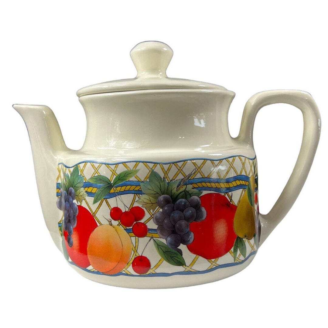 RMC Stoneware Ceramic Teapot Fruit Vine White Farmhouse Cottage Vtg 90s ...