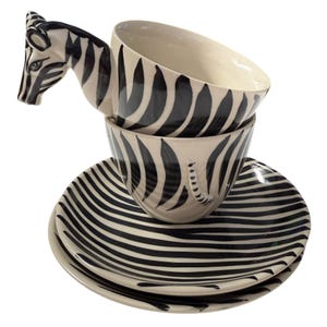 Vtg Zebra Mug Plate Set Hand Painted Wildlife Safari Animal Print Decor