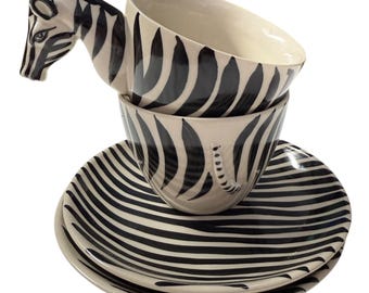 Juego de taza y plato de cebra vintage pintado a mano con estampado de animales de safari