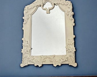 Vintage Mirror 27”x18” Cream Ivory Leafy Vine Distressed Ornate Shabby Farmhouse