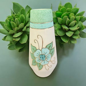 Southwestern Signed Studio Pottery Vase Gold Painted Trim Pastel Teal Ivory